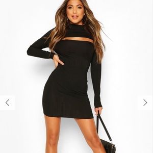 PETITE RIB HIGH NECK CUT OUT MINI DRESS